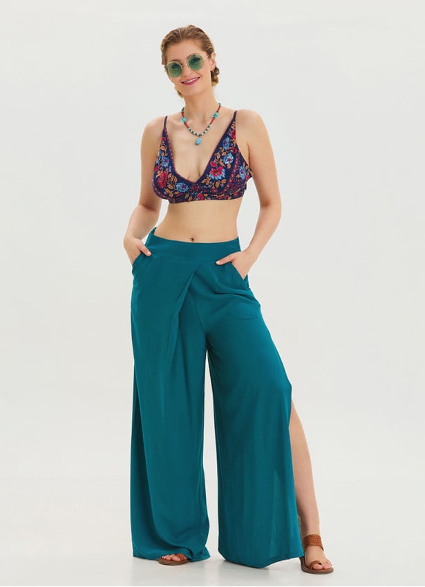 Zipper Detailed Pocket Petrol Women's High Waist Trousers 4640